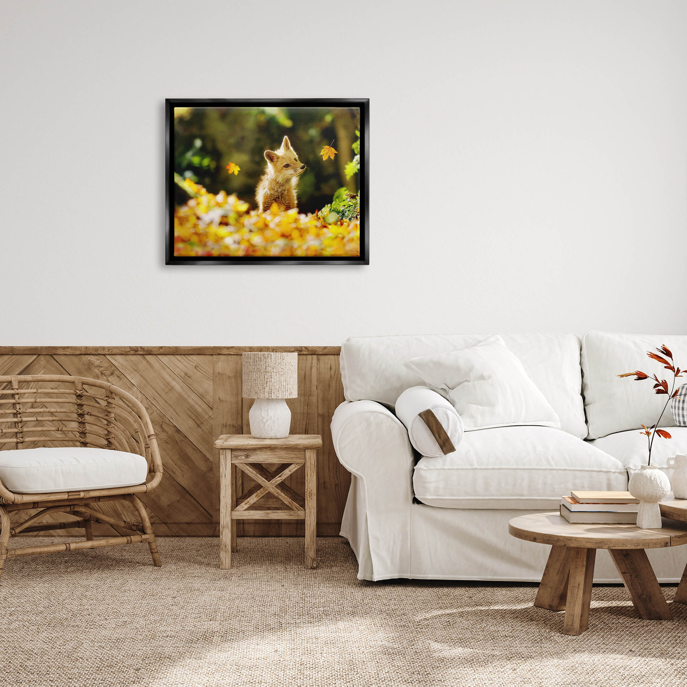 Stupell Industries Fox Watching Autumn Leaves Photograph Jet Black Floating Framed Canvas Print Wall Art, Design by Carrie Ann Grippo-Pike