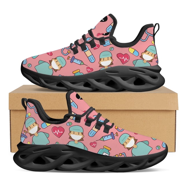 Zapatos de oficina rosas con estampado de médico y enfermera, ligeros y transpirables, con cordones, informales, con plataforma para exteriores