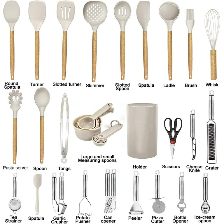 Kitchen Utensils Set- 35 PCs Cooking Utensils with Grater,Tongs, Spoon  Spatula &Turner Made of Heat Resistant Food Grade Silicone and Wooden  Handles