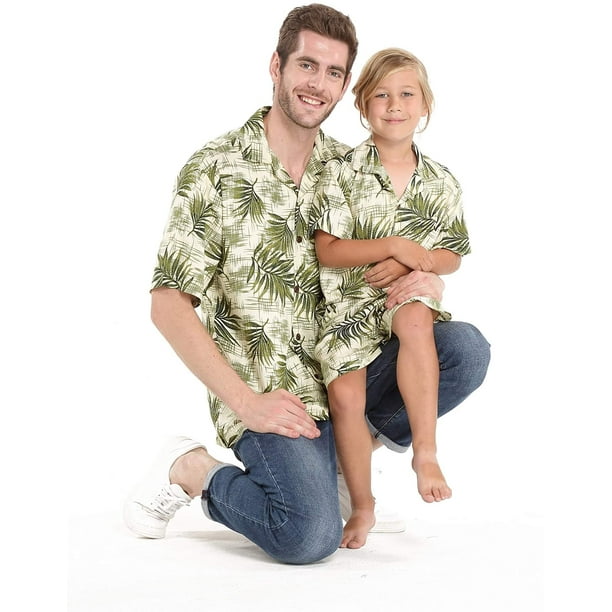 Matching Hawaiian Luau Outfit Men Boy Shirts in Leaves in Black