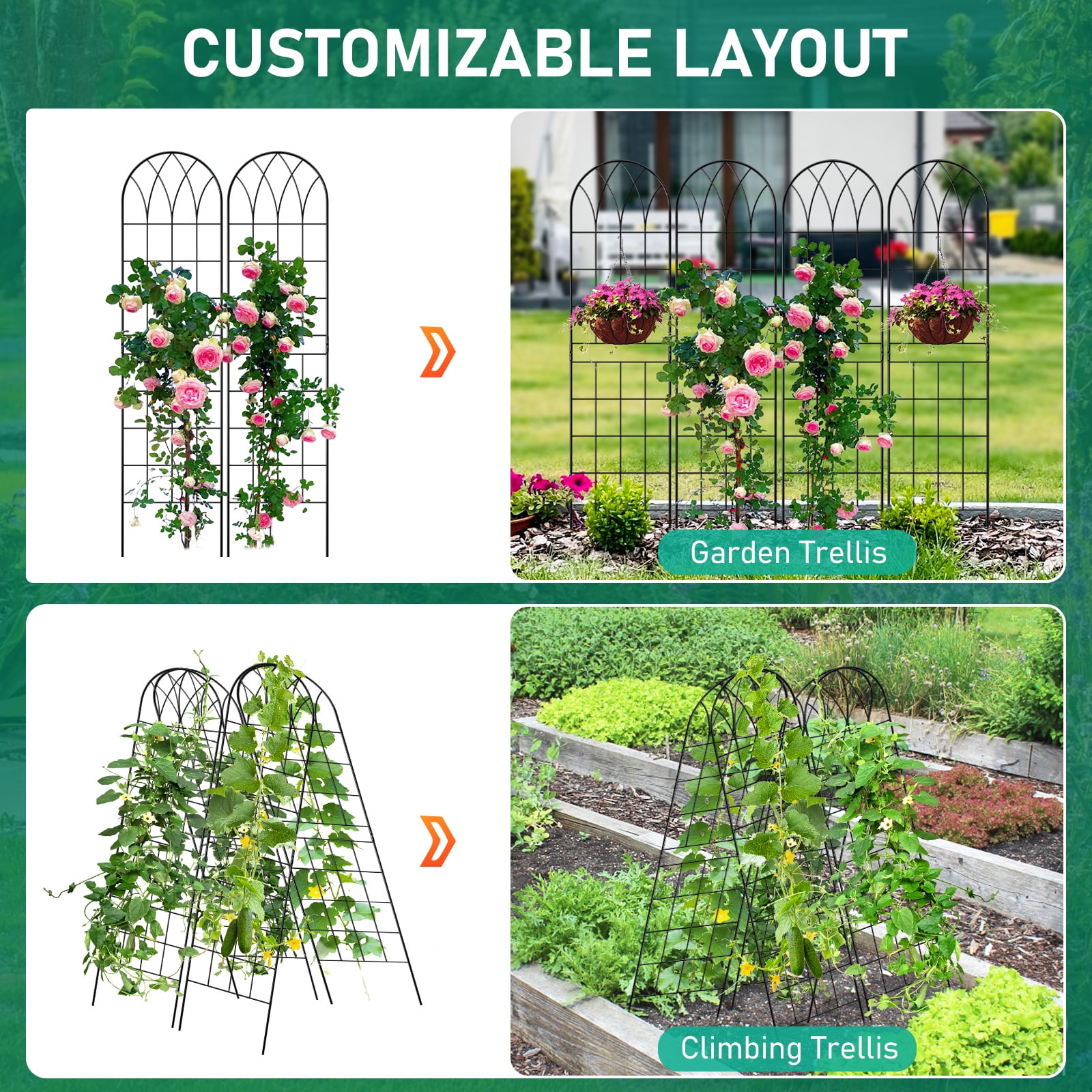4 Pack Black Garden Trellis for Climbing Plants 60" x 16" Iron Plant Trellis for Potted Plant Support Tall Wall Metal Trellis for Climbing Vegetable Flower Rose Vine Cucumber