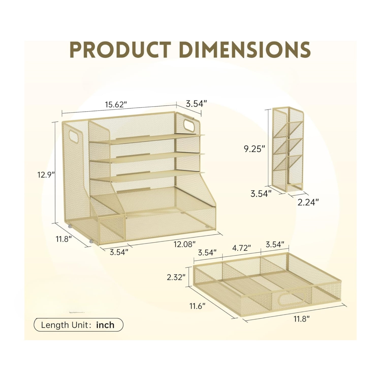 INTIGE 5-Tier Metal Mesh Desktop Organizer with File Holder, Drawer and Pen Holder, Paper Organizer, Yellow, 1 Pack