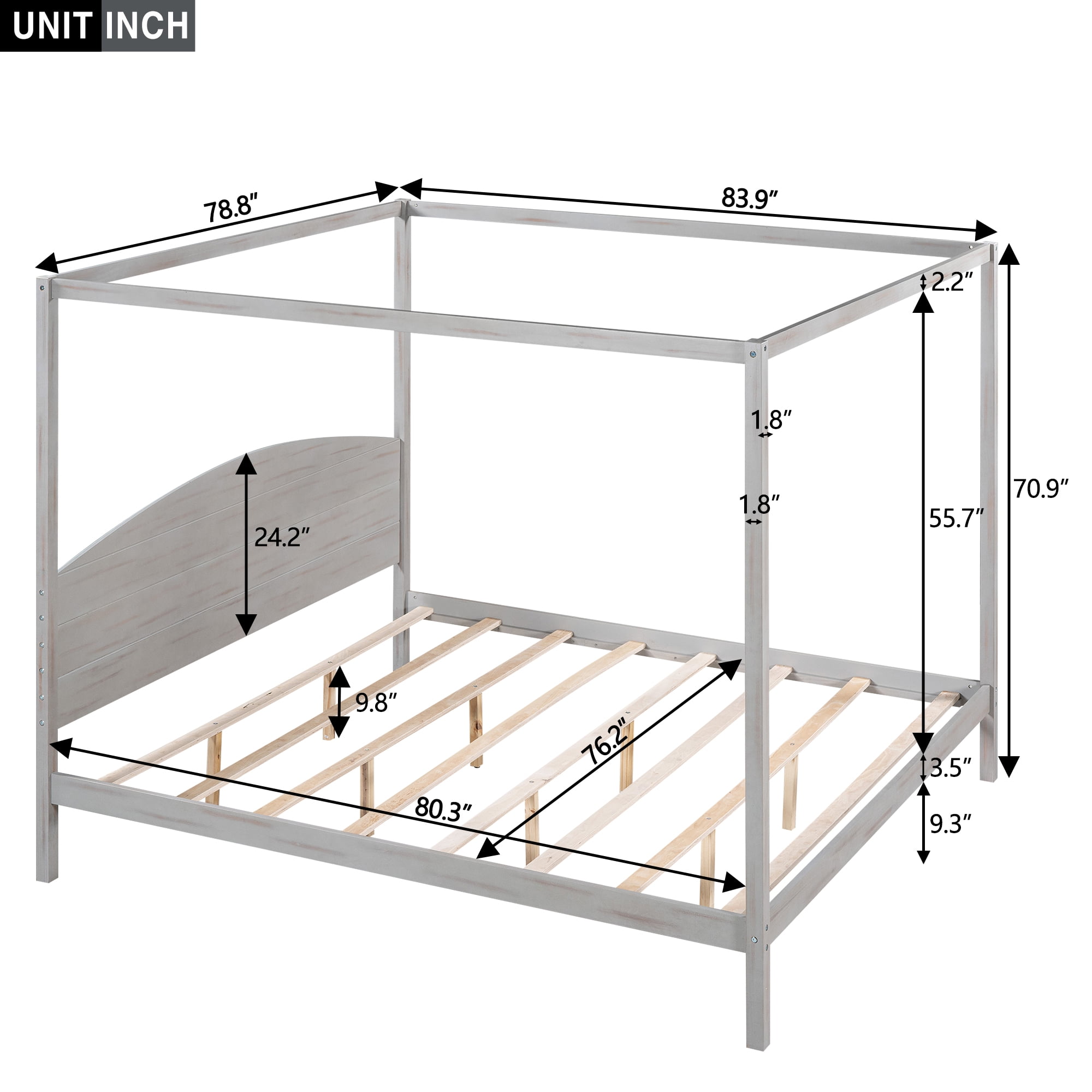 Harper & Bright Designs King Size Canopy Platform Bed with Headboard and Support Legs, Solid Wood 4 Post Canopy Bed Frame for Teens Adult, Grey