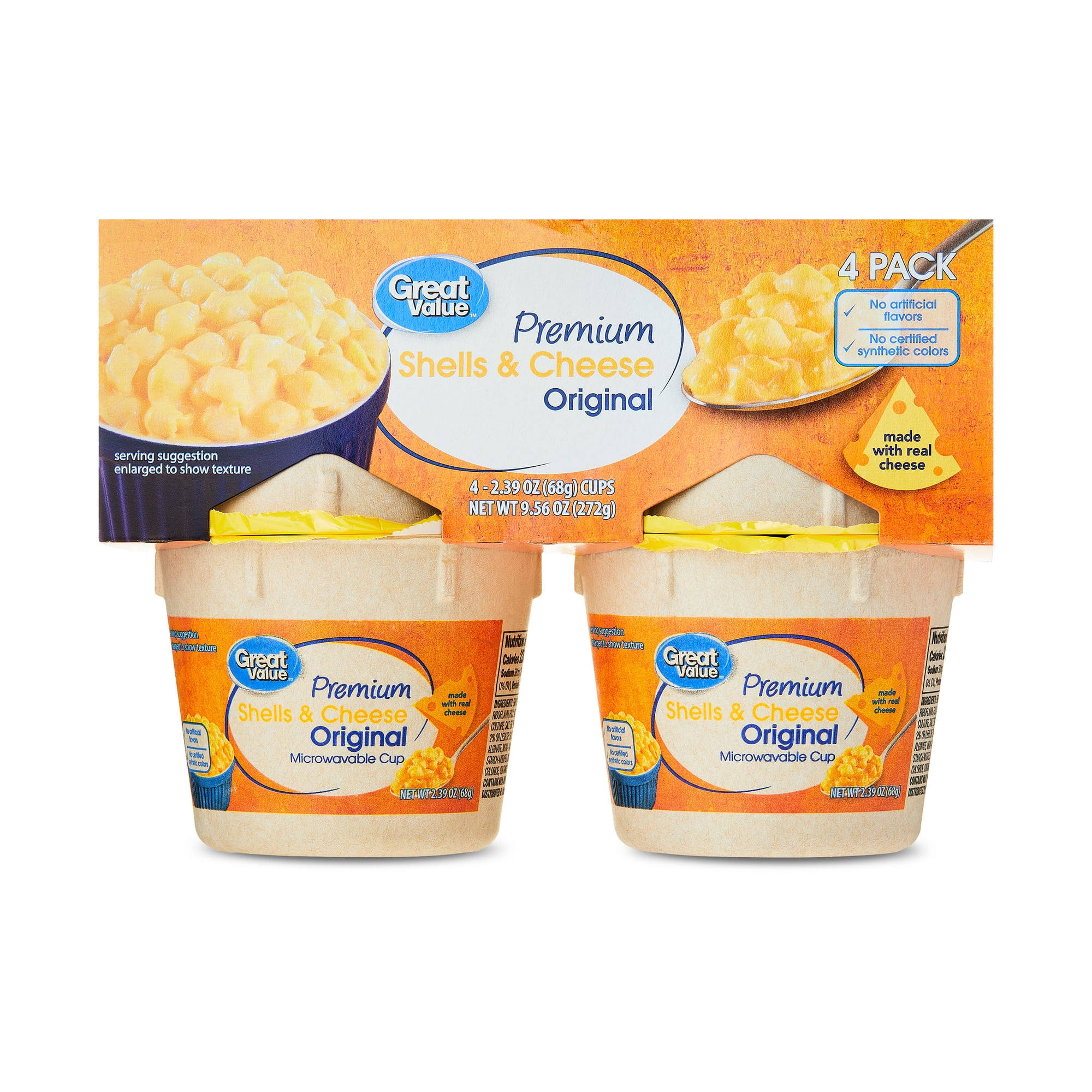 Great Value Premium Shells & Cheese Microwavable Cups, Original, 2.39 oz, 4 Count (Shelf Stable)