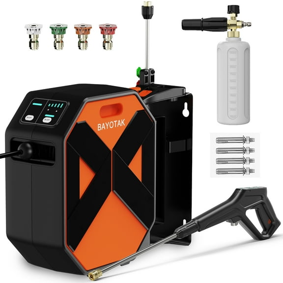 BAYOTAK Electric Pressure Washer, 5000 PSI 3.0 GPM Wall Mounted Power Washer, Remote Control with 100 FT Retractable Hose, Foam Cannon, Nozzles for Cars/Garage/Patio, Orange