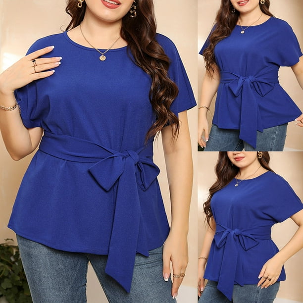 Flywake Summer Savings Clearance Women s Plus Size Tops Bow Self Tie Tunic Casual keyhole Neckline Solid Short Sleeve Work Blouse Tops