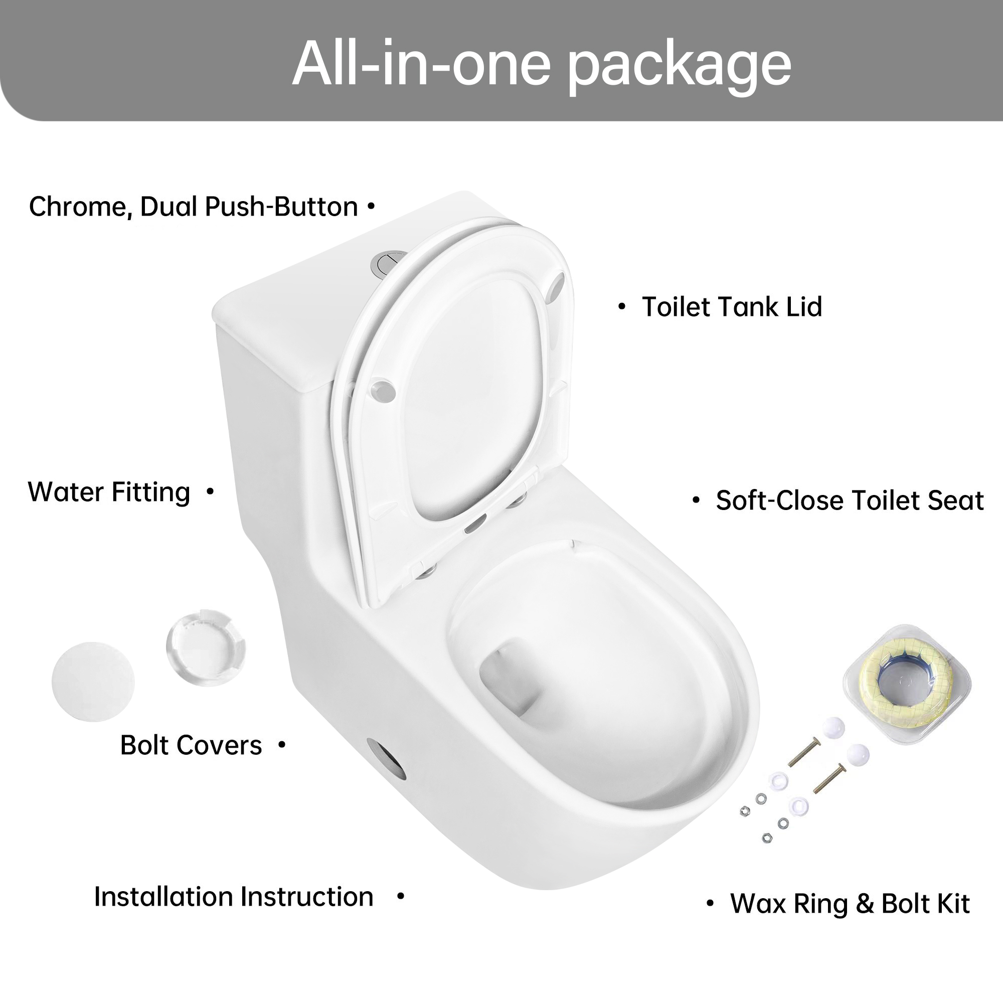 TrumanPick Elongated One Piece Toilet with17" ADA Comfort Chair Height Seat Compact Toilet 1.6 GPF Dual Flush Toilet, White