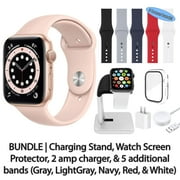 Restored Apple Watch Series 6 (GPS, 40 mm) Gold Aluminum Case Bundle: Pink Sport Band 5 Bonus Bands, Charging Stand, Screen Protector, & 2 amp charger (Refurbished)