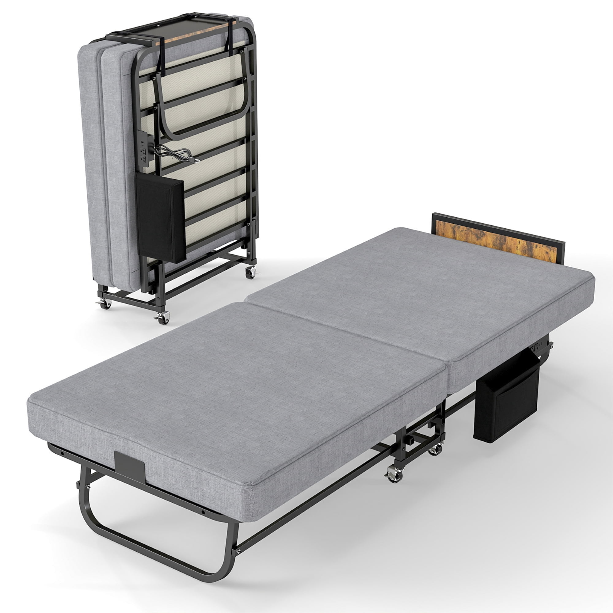HOQBN 78"x31" Folding Bed with Headboard & USB Charging Station, Memory Foam Rollaway Bed with Storage Pocket, Heavy-Duty Portable Guest Bed on Wheels for Guests, Office Naps & Camping