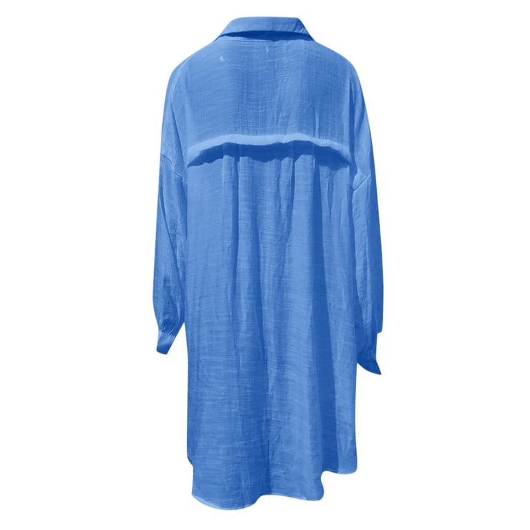 Runcati Women's Linen Cotton Button Down Shirt – Long Sleeve Loose Tunic Top, Beach Cover-Up, Blue