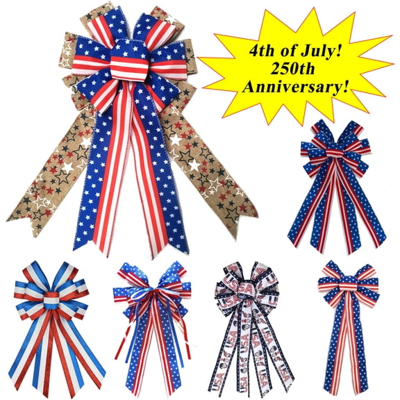 Huge Memorial Day Savings! Boovnll 4th of July Bows, Red White Blue Stars Stripe Large Independence Day Bows Patriotic Bows for Indoor, Outdoor, Holiday, Memorial Day Decor, 4th of July Decorations