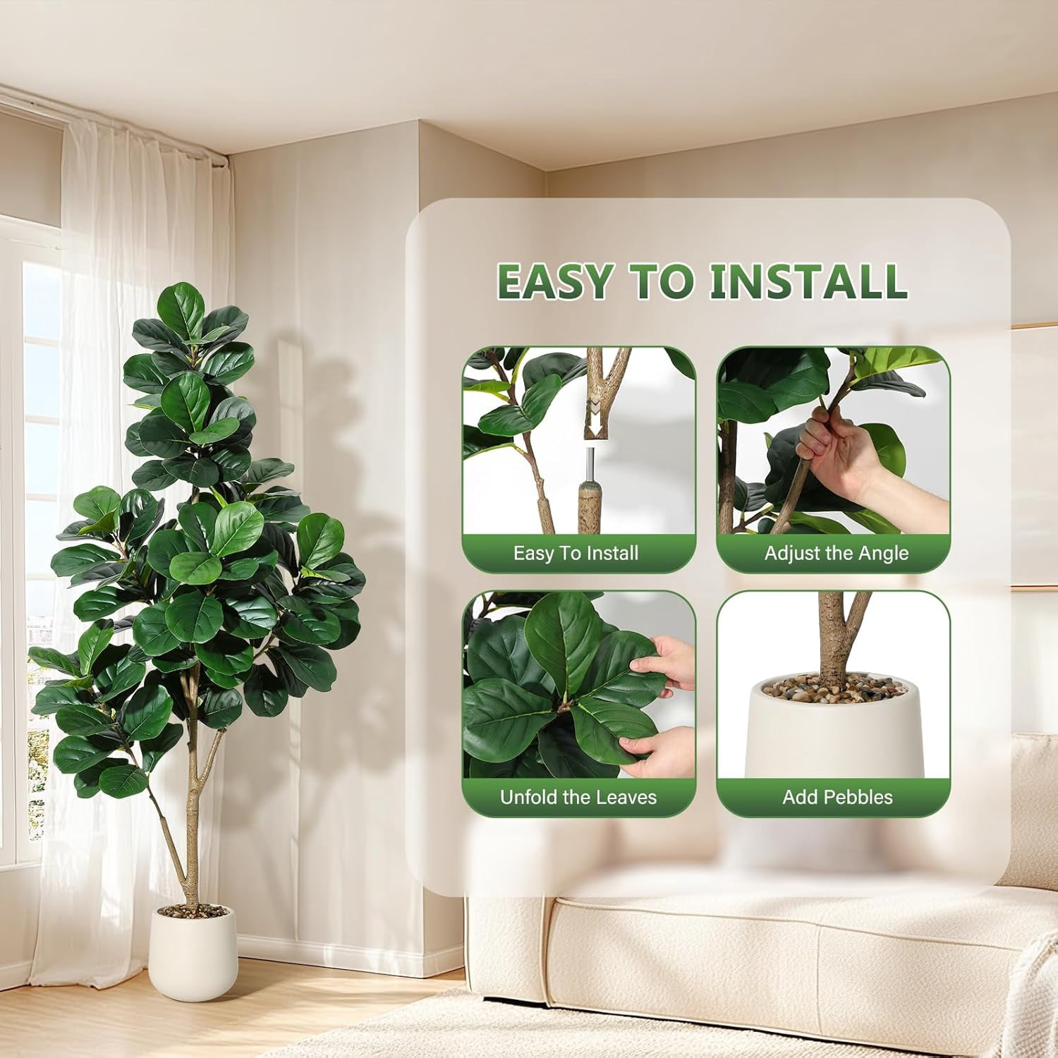 6 ft Fiddle Leaf Fig Tree Artificial with 108 Leaves - Realistic Faux Ficus Lyrata Trees in 9 in White Planter Pot, Indoor Fake Floor Plants for Home Office Living Room Decor, Housewarming Gift