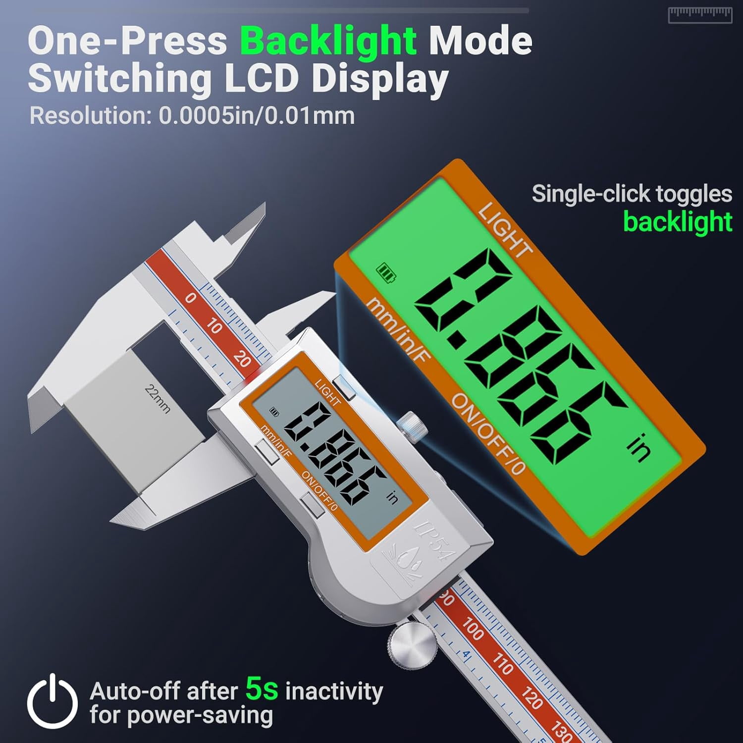 Digital Caliper Measuring Tool, Stainless Steel Digital Micrometer Vernier Caliper, with Backlight LCD, Auto-Off Feature, IP54 Splash Proof Protection and Inch Metric Conversion 6 Inch/150 mm