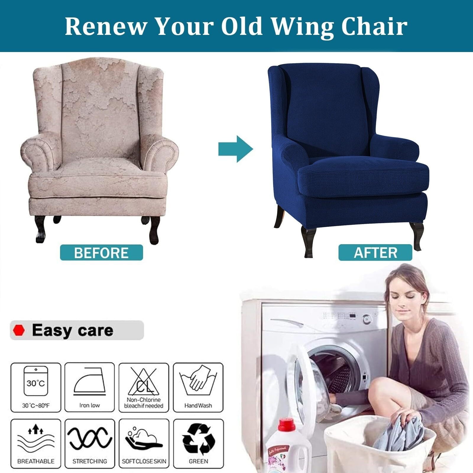 LKJYER Wing Chair Slipcover 2 Pieces Soft Wingback Chair Covers Wingback Chair Covers Spandex Jacquard Checked Pattern Sofa Cover for Living Room and Bedroom