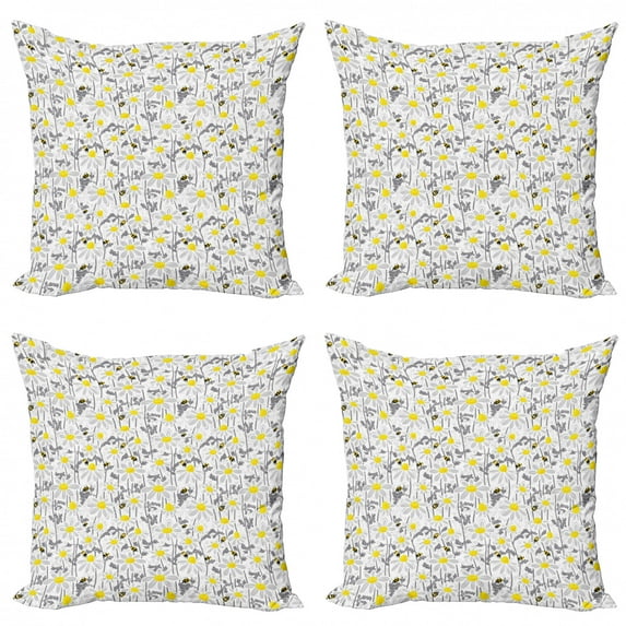 Ambesonne Yellow Throw Pillow Cover 4 Pack, Bees Chamomile Meadow, 20", Grey Yellow White