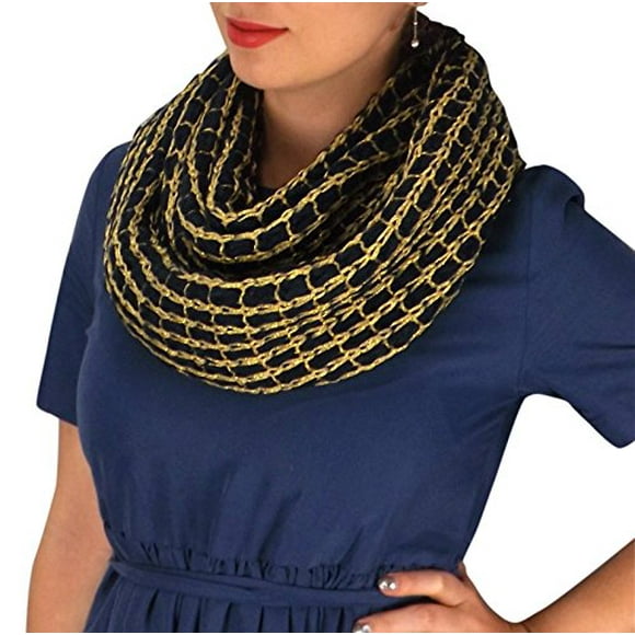 Peach Couture Winter Warm Thick Chunky Knit Cozy Infinity Loop Cowl Scarves (Navy Gold Weave)