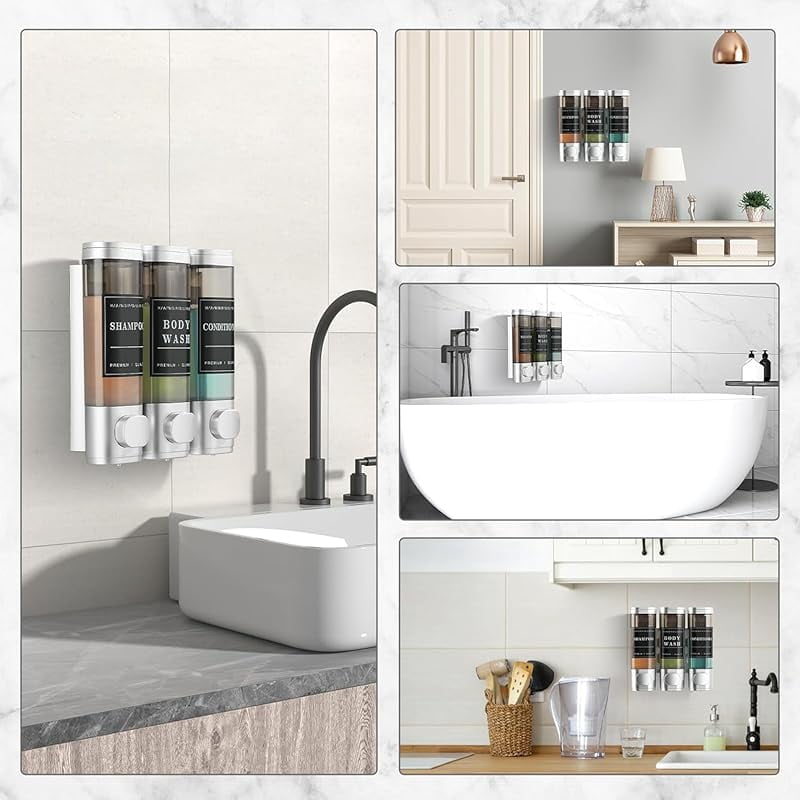 CZQ 3 Chamber Wall-Mounted Shower Dispenser No Drill Large Capacity Bathroom Organizer