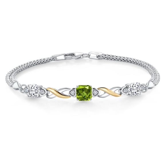 925 Silver and 10K Yellow Gold Green Peridot and White Moissanite and White Lab Grown Diamond Bracelet for Women (2.20 Cttw, Gemstone August Birthstone, Cushion 6MM, 7 inches, Made in Italy)