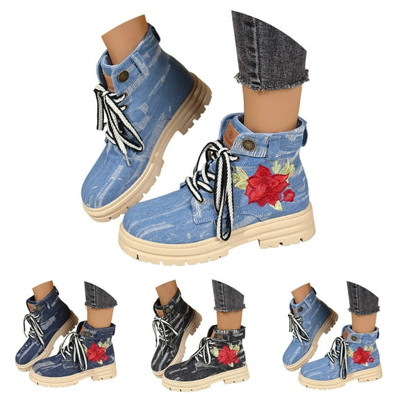 Dakaela Women's Combat Boots Lace up Denim Platform Hiking Ankle Booties Waterproof Low Heel Winter Dress Shoes Black 6