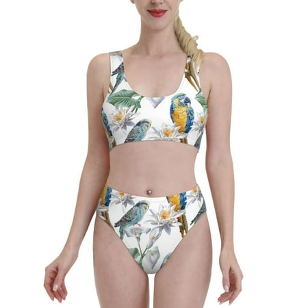 High Waisted Bikini Sets For Women  Artistic Cute Parrot Flower Two Piece Swimsuit Sporty Scoop Neck Bathing Suit