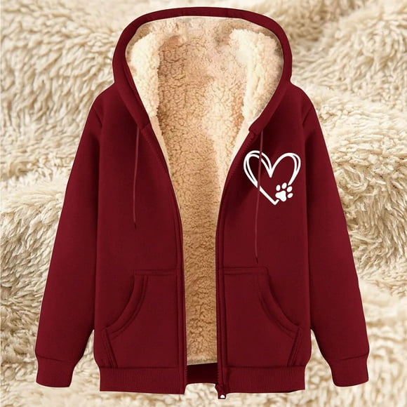 Meichang Sherpa Hoodie Women with Zipper Hooded Sweatshirt Fleece Lined Jacket Coat Winter Long Sleeve Pockets Warm Outerwear Wine M