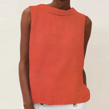 Jsaierl Débardeurs Courts Sans Manches en Coton et Lin pour Femmes, Décontractés, Couleur Unie, Col Rond, Chemises Coupe Ample, Blouses Confortables, T-Shirts d'Entraînement d'Été pour la Plage