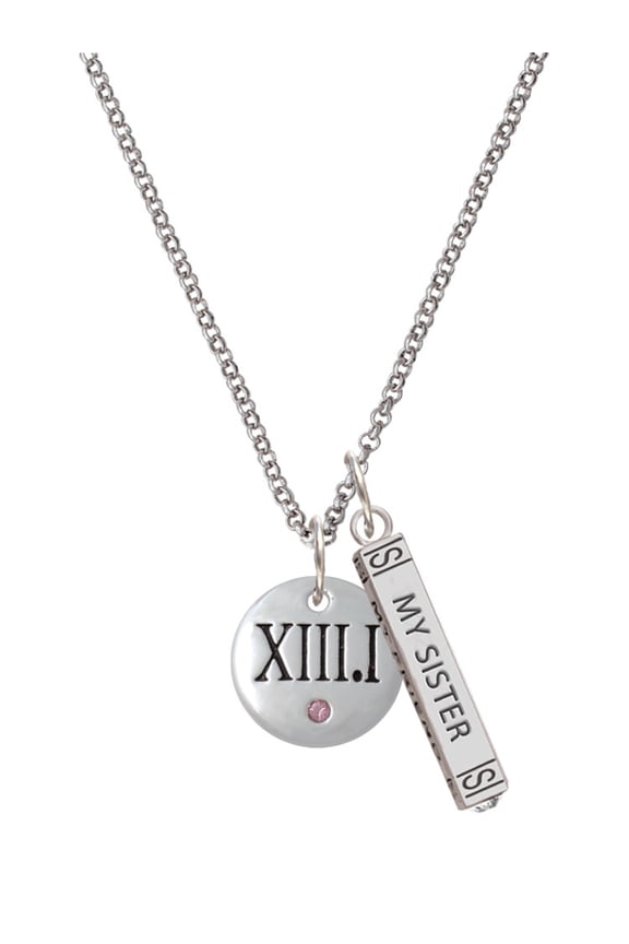 Silvertone Half Marathon with Pink Crystal Roman Numeral Silvertone Always My Sister Bar Charm Necklace, 23"