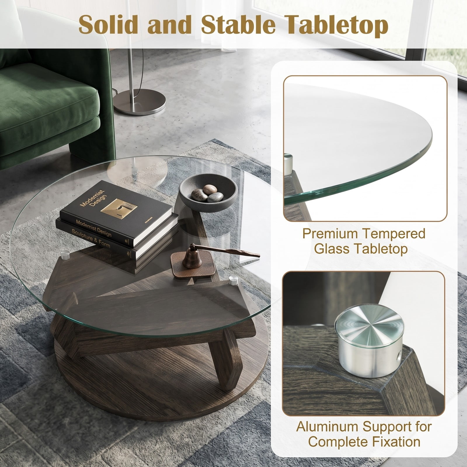 Furnibear Round Glass Coffee Table, 32 Inch Modern Center Table with Tempered Glass Top and Solid Rubberwood Base for Living Room Office Reception, Gray