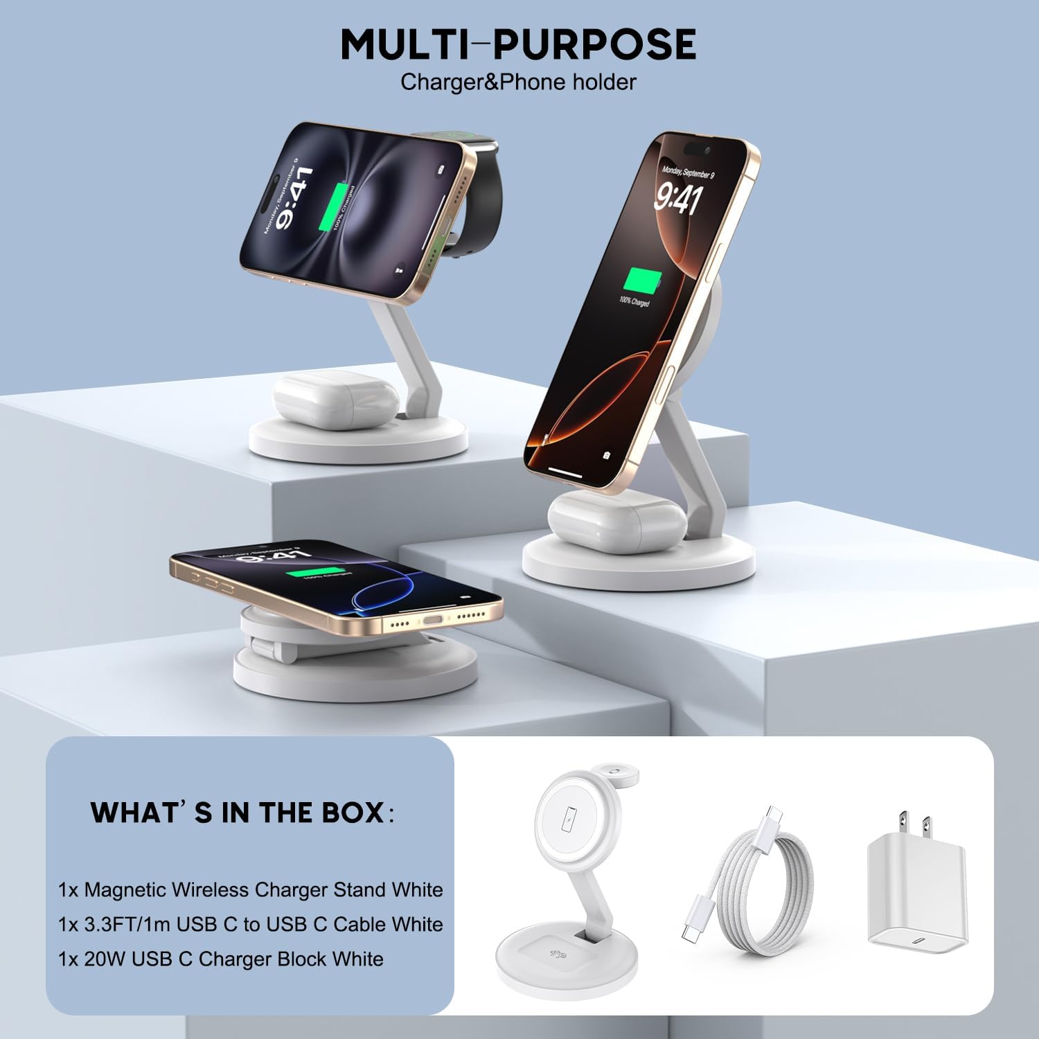 Wireless Charger, 3-in-1 Magnetic Wireless Charging Station Compatible with iPhone 17 16 15 14 13 12 Series, AirPods and iWatch Series - Foldable (White)
