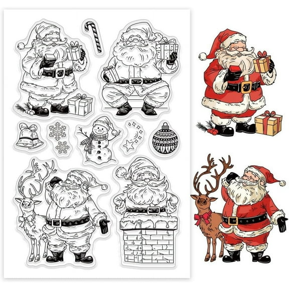 Santa Claus Clear Stamps for DIY Card Making Christmas Silicone Transparent Stamp Seal Snowman Reindeer Bell Decorative Clear Stamps for Scrapbooking Photo Album Journal Decoration