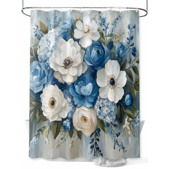 Fsddascl Hydrangeas Flower Shower Curtain Set - Extra Long 72" x 96" Washable Curtain with 12 Hooks, Blue White Floral Country Oil Painting Waterproof Fabric Stall Shower Curtains for Bathroom