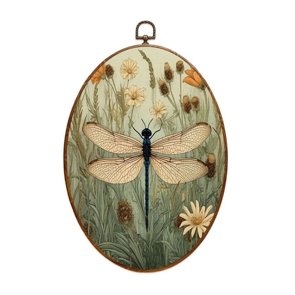 Canvas Wall Art Vintage 3D Textured Green Flowers Nature Botanical Dragonfly Wildflowers Oval Framed Canvas Prints Vintage Wall Hanging Decor for Home Decorations 8.6"x11.4"