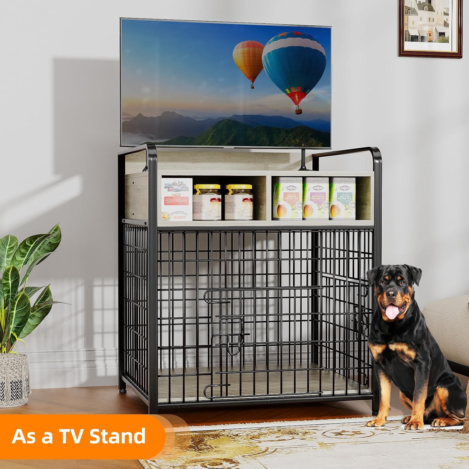Small Dog Crate Furniture with Drawers Storage, Puppy Dog Kennel Indoor with Double , Heavy Duty Wooden Dog Cage Table, Sturdy Metal, Gray