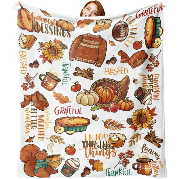 Thanksgiving Pumpkin Cornucopia Flannel Blanket, Fall Sweater Squirrel Throw Blanket Birthday Gifts for Kids Men Women, Autumn Thankful Grateful Blessed Soft Blanket for Bedding Sofa 50x60 Inch