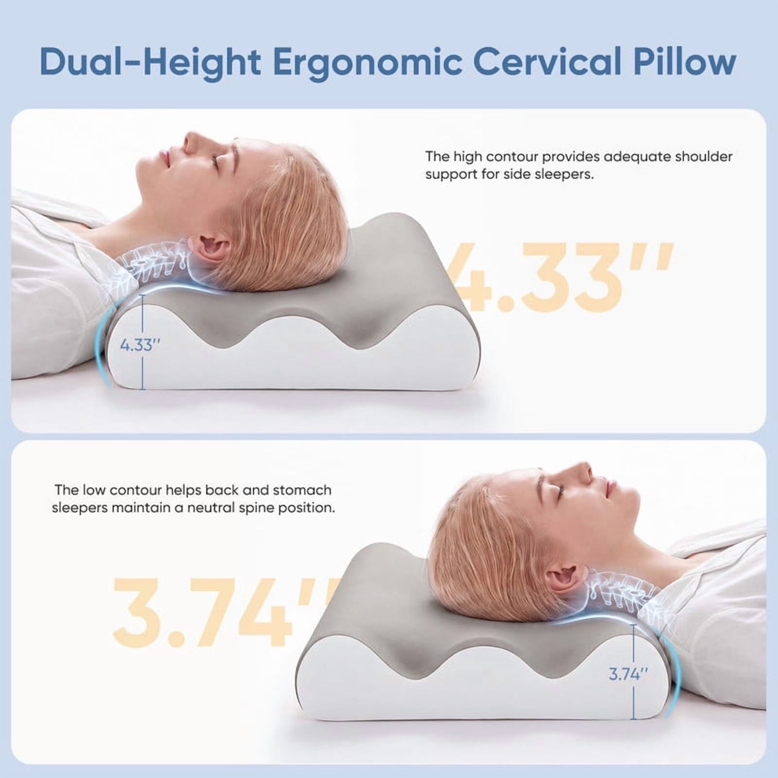 Kelno Memory Foam Pillow Ergonomic Cervical Contour Support with Dual Height Breathable Cooling Washable Cover for Side, Light Gray
