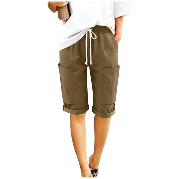 CQONEPT Womens Cotton Linen Pants with Pockets Drawstring Elastic Waist Short Pants Casual Loose Fit Solid Color Pants Khaki XL