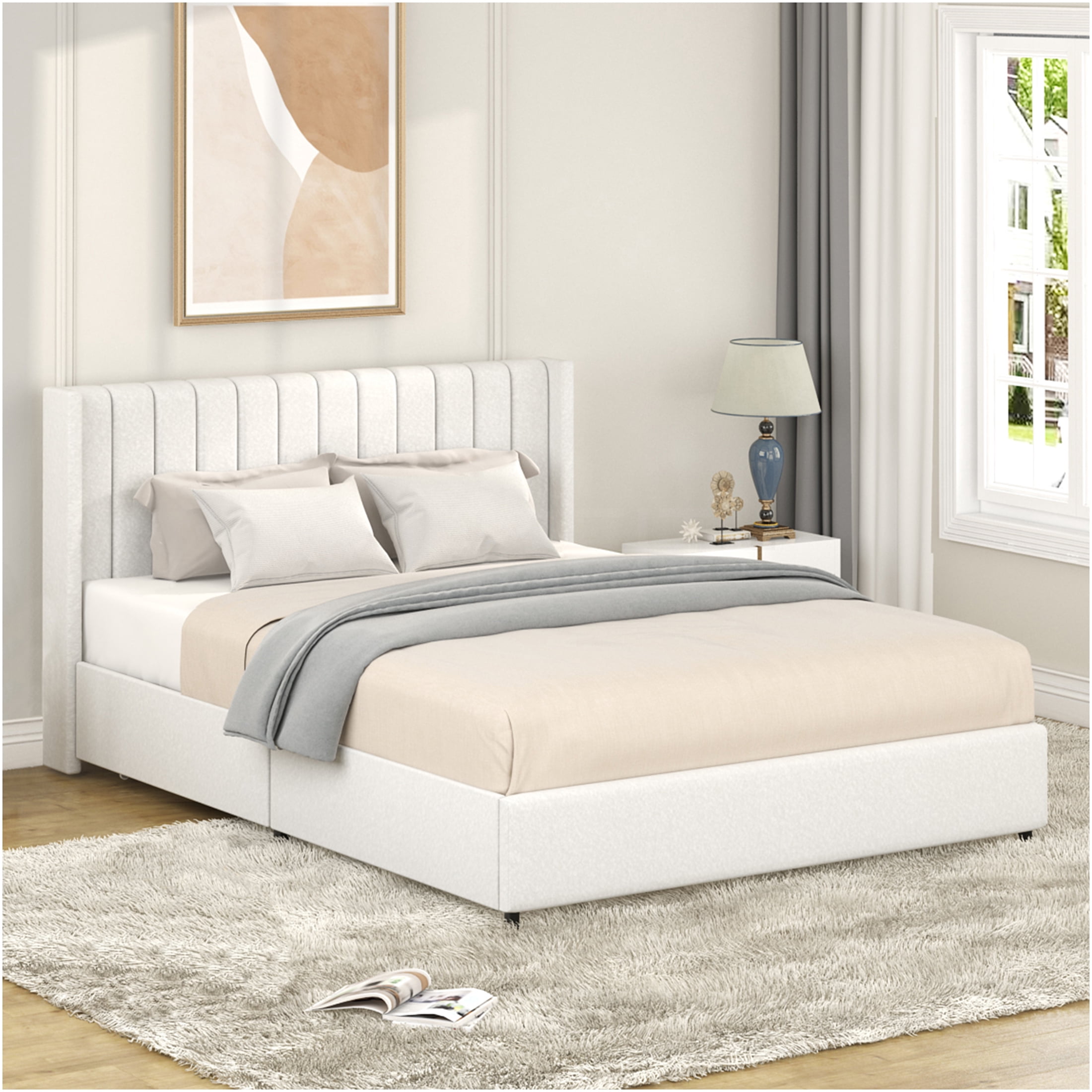 JERFIT Ivory Queen Size Upholstered Storage Bed Frame with 4 Large Drawers, Wingback Headboard Wood Slat Support, No Box Spring Needed