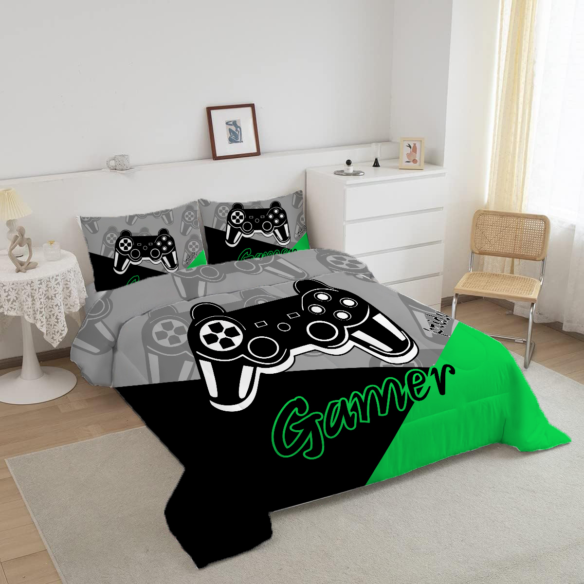 Gaming Comforter for Kids Boys Teens Video Game Bedding Set Gamer Comforter Gamepad Comforter Set Full Size Green Black Gray 3 Pieces