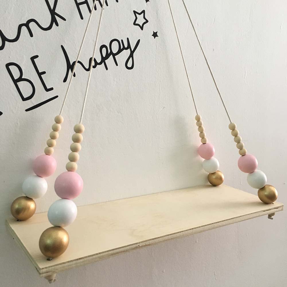 Golden White Pink qingsb Nordic Wood Beads Board Hanging Storage Shelf Kids Room Nursery Home Wall Decor 