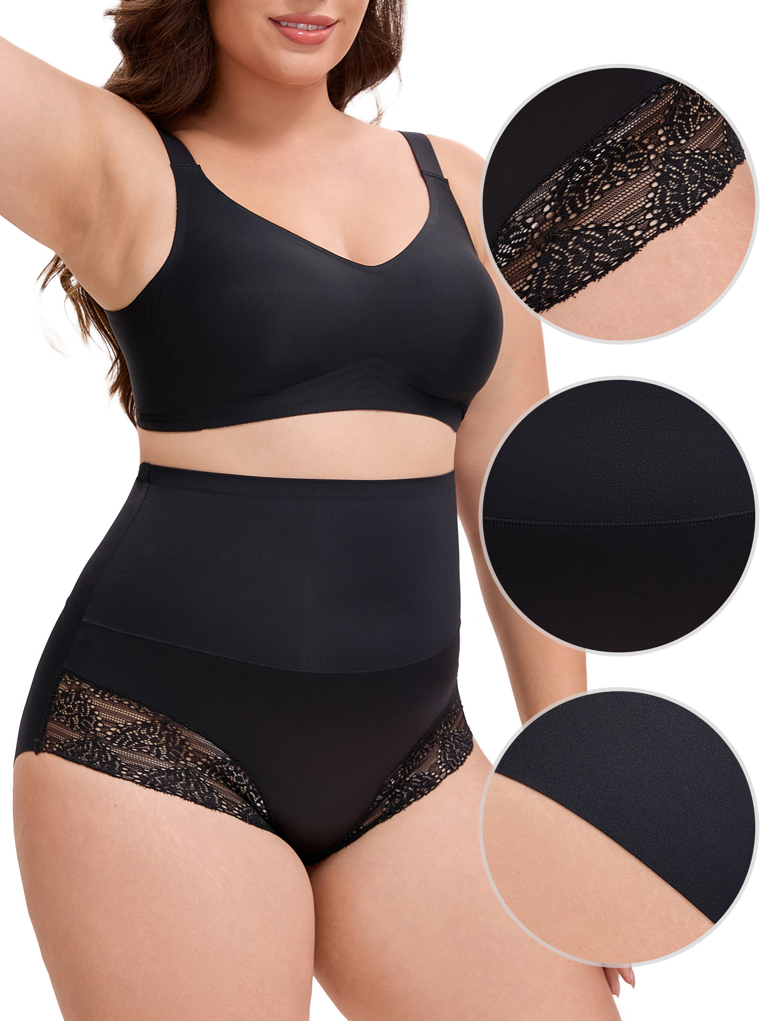 Unique Bargains Lace Trimmed High Waisted Tummy Briefs 2XL Black