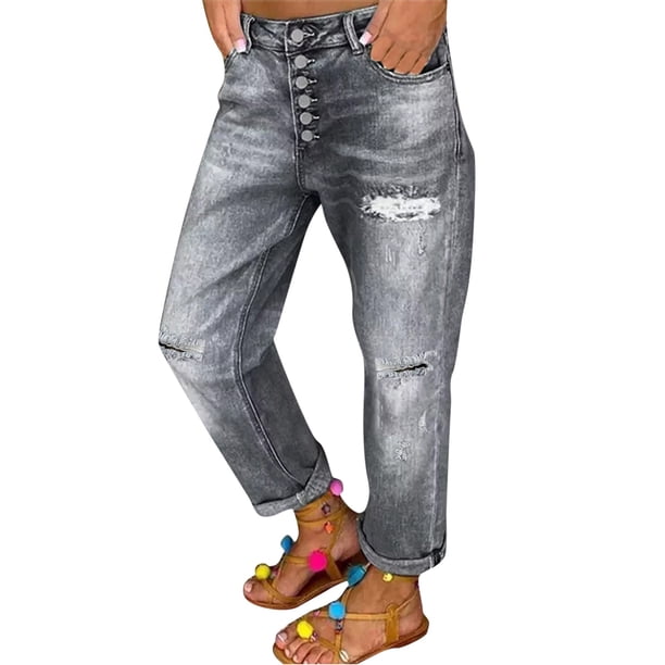 Gibobby Leggings Termicos Pantalones vaqueros rasgados con cintura pulida, lavados, sueltos, sólidos, a la moda para mujer(Gris, XXL)
