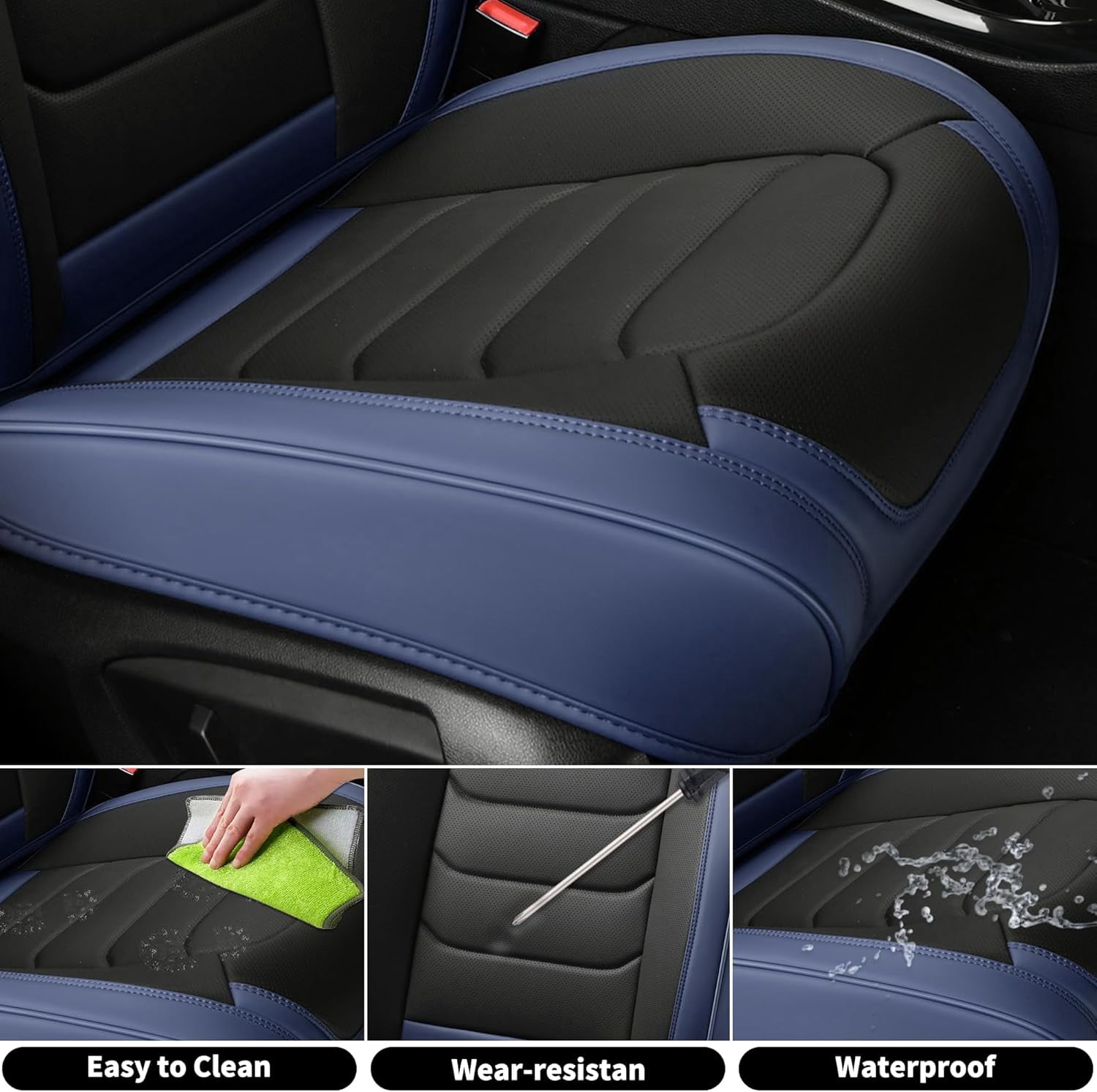 FLORICH Car Seat Covers Front Pair, Waterproof Faux Leather Seat Protectors, Auto Interior Cushions Fit for Most Cars Suv Trucks, Black&Blue