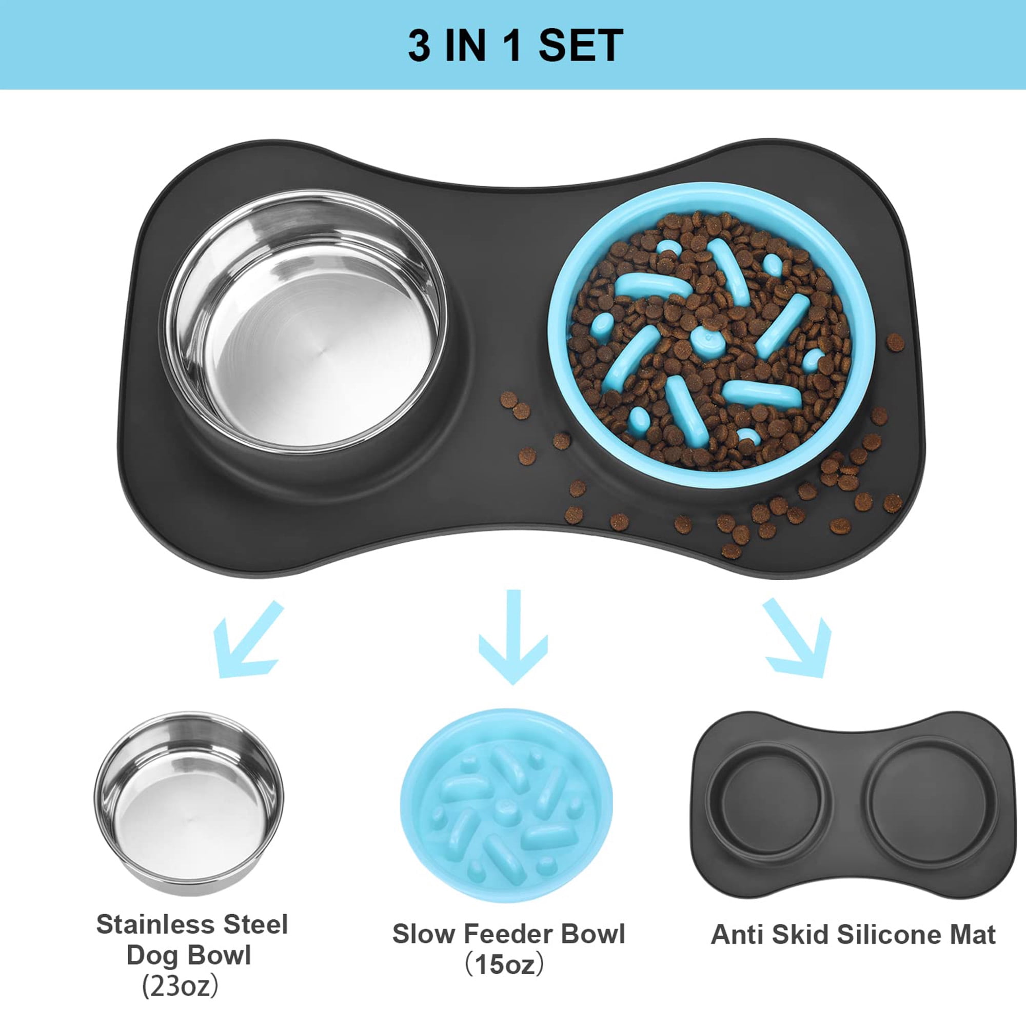 Slow Feeder Dog Bowl Set, 3 in 1 Stainless Steel and Water Bowls with Non Slip Silicone Mat, Slow Eating Solution for Large Medium Small Dogs and Cats to Preent Choking and Bloating, Black