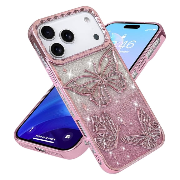 Poweltek Glitter Butterfly Phone Case for iPhone 12 Pro Max, 2 in 1 Gradient Bling Paper Luxury Plated Slim Soft TPU Shockproof Protective Cover for Women Girls, Pink
