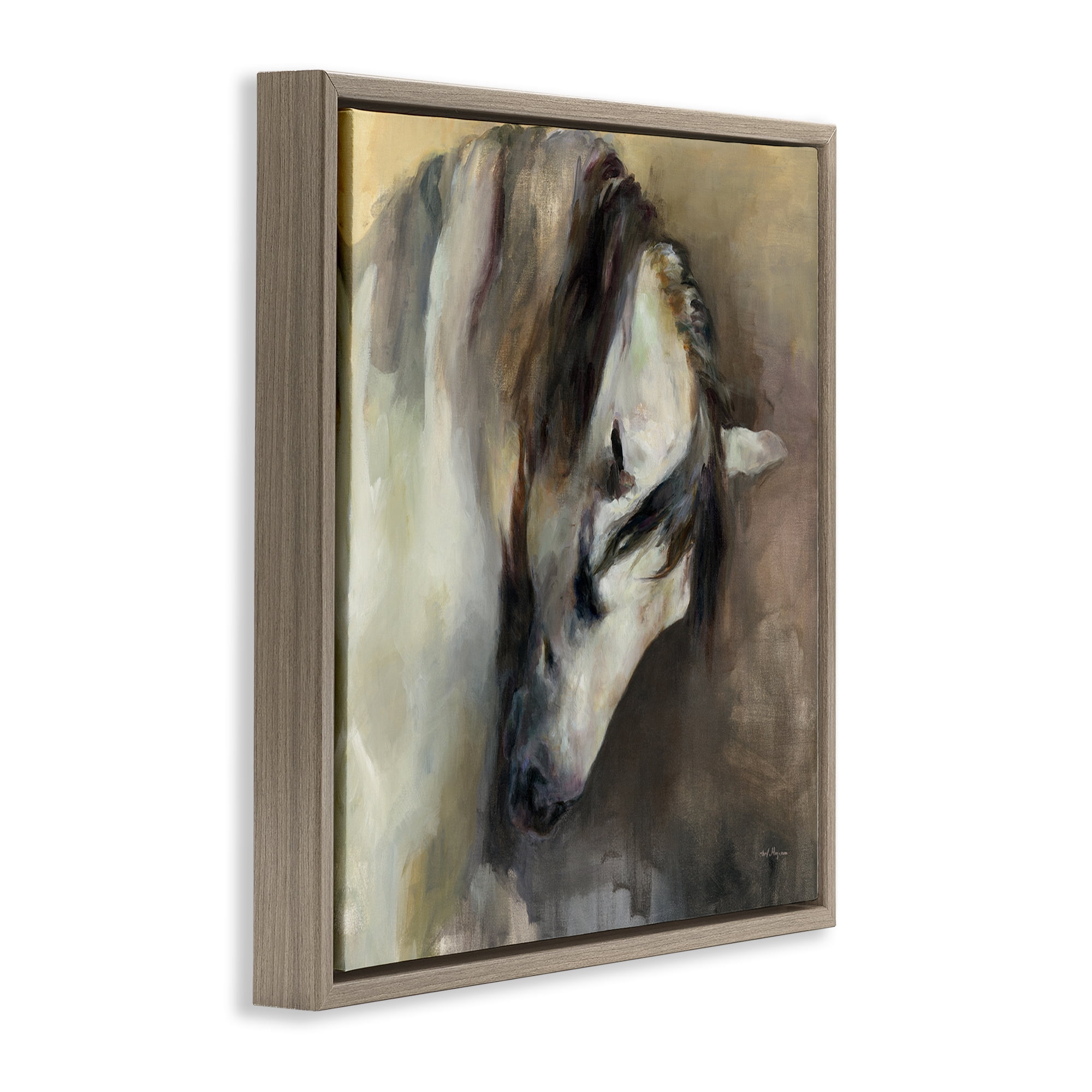 Stupell Industries Classical White Horse Animals Painting Brown Floater Framed Canvas Art Print Wall Art, 18 x 18