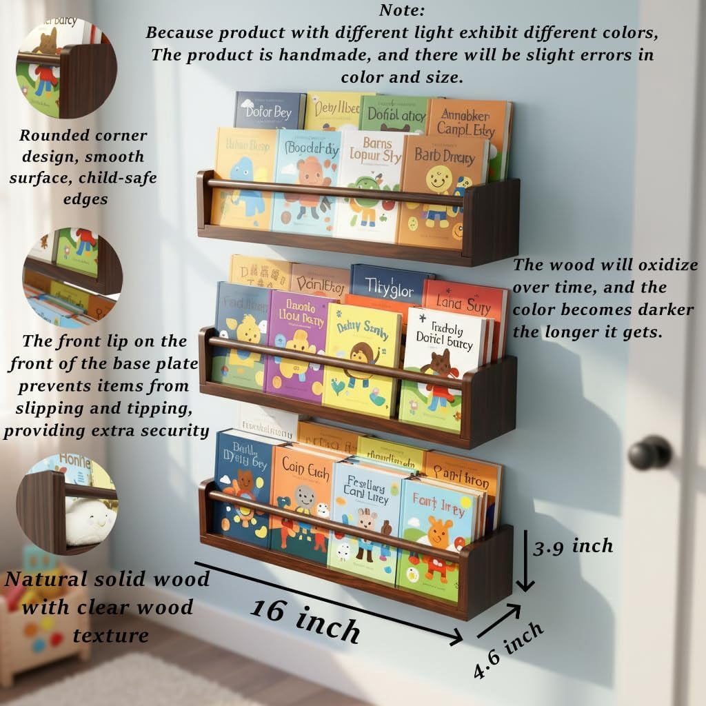 Deep Walnut Nursery Floating Shelves Set of 3– Wall Mounted Kids Bookshelf & Toy Organizer – 16 Inch Rustic Pine Hanging Display Book Shelves for Bedroom, Playroom, and Baby Decor