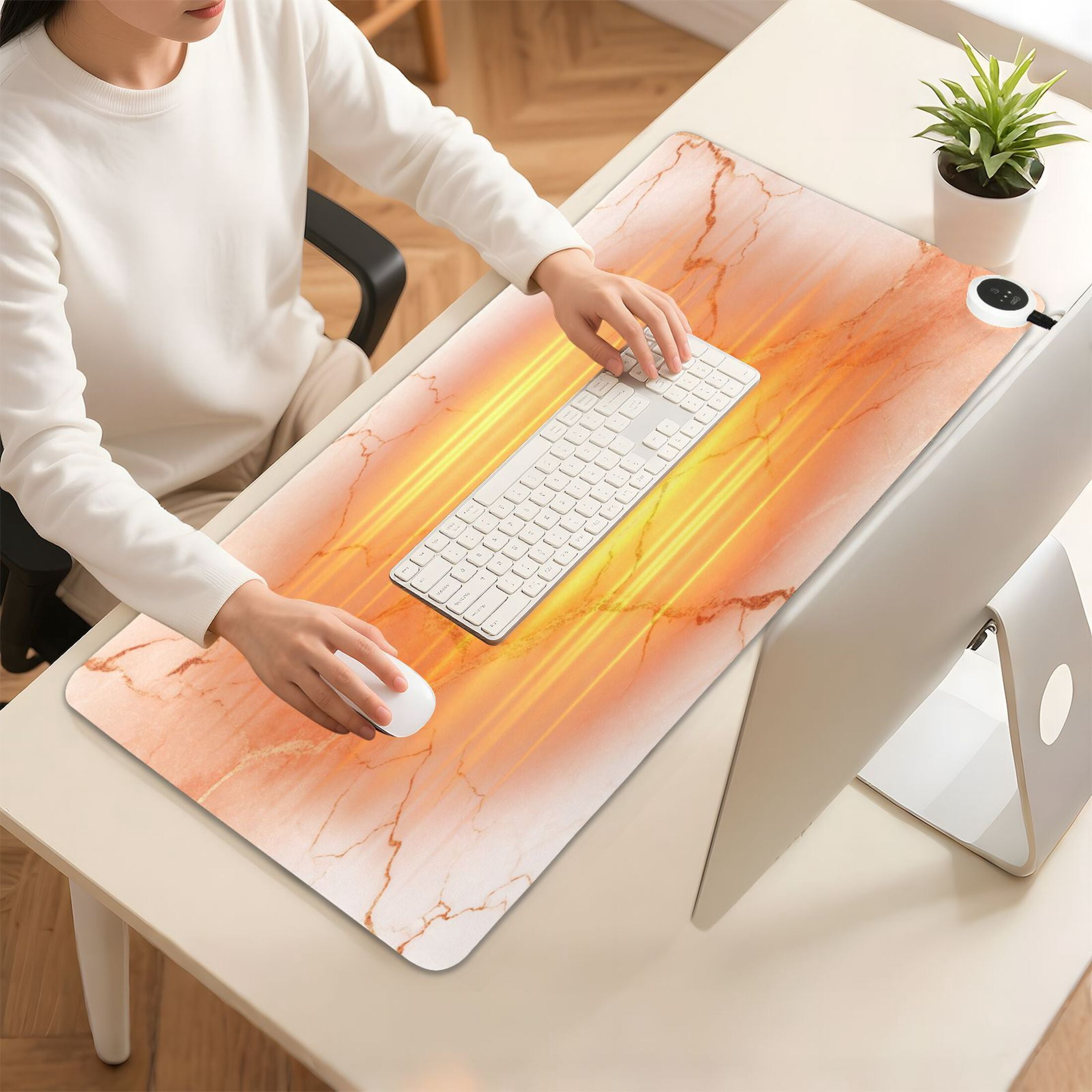 Large Heated Desk Mat Mouse Pad 31.5"x13"PU Leather Graphene Heating Desk Warmer with 3 Temperature Settings 110V US Plug Non-Slip Warm Pad for Home, Office, and Gaming Light Orange Marble Crack