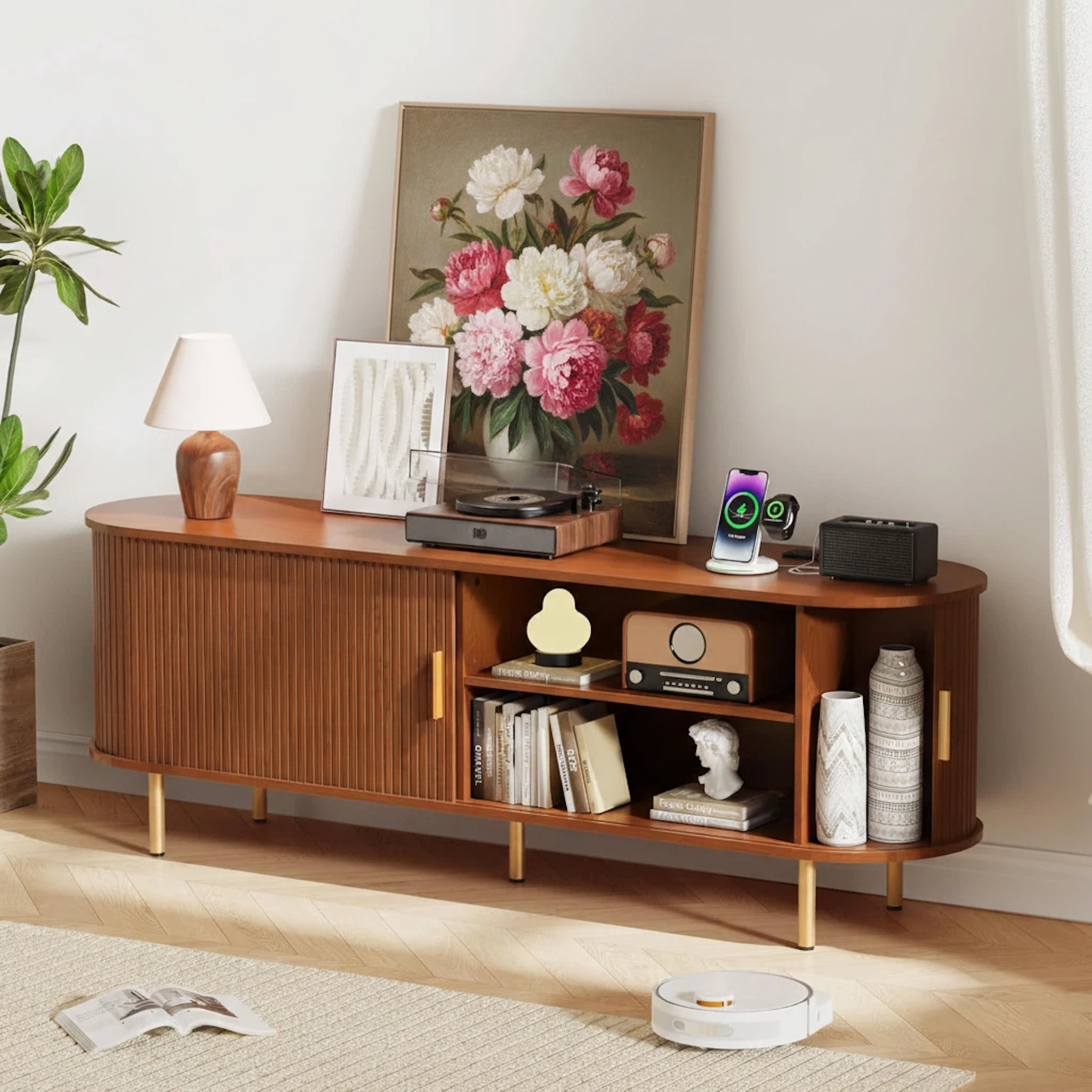 Aisword 63 Inch TV Stand with Power Outlet for TVs up to 70 Inch, Entertainment Center with Storage and Adjustable Shelves, Media Console with Sliding Doors for Living Room, Walnut