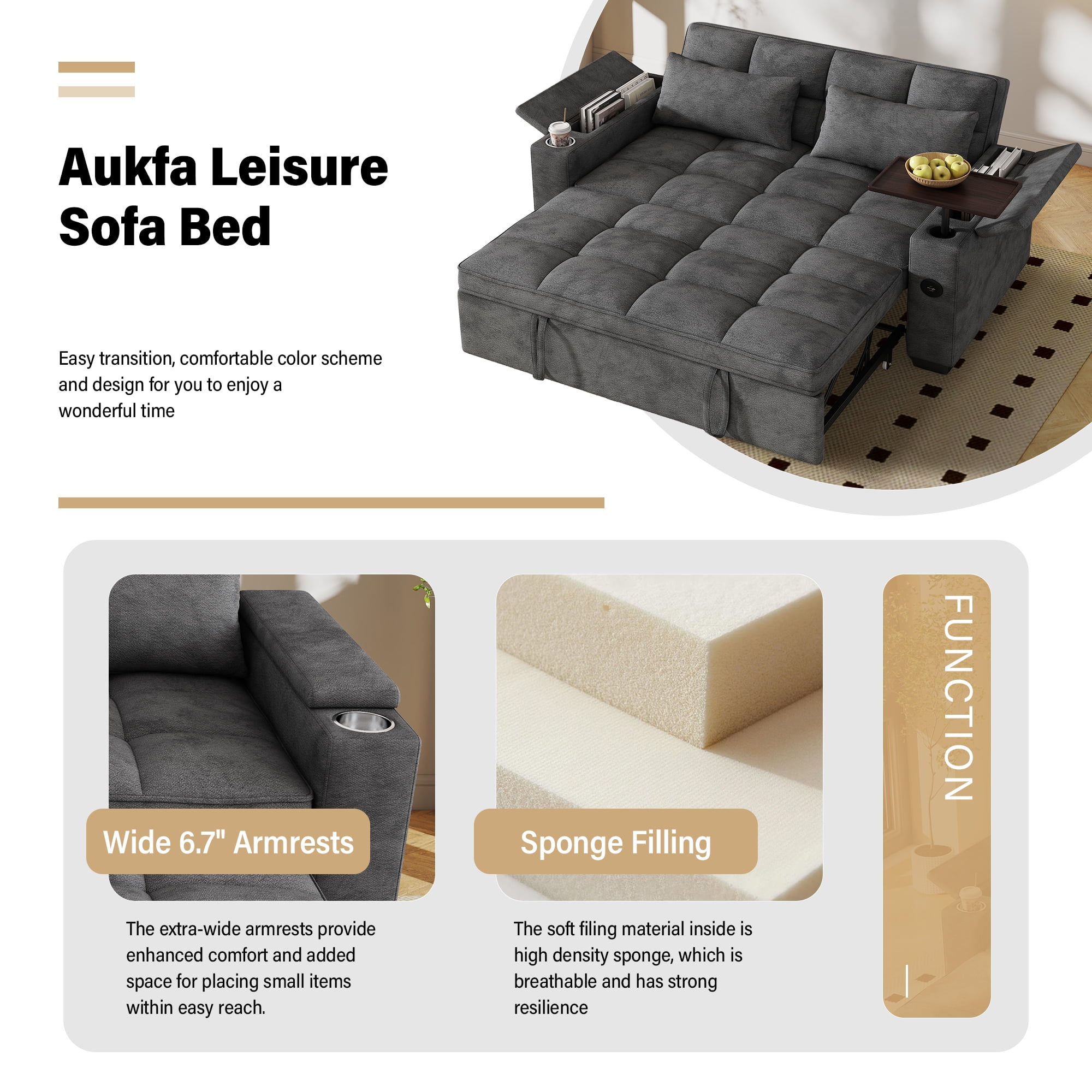 Aukfa 65"W Convertible 3-in-1 Sofa Bed with Storage, Queen Chenille Sleeper Couch with USB/Type-C Ports & Rotating Side Table,Gray