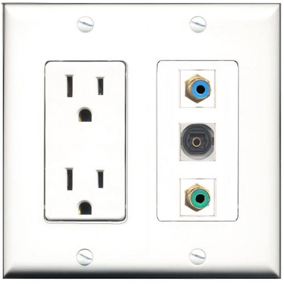 RiteAV - 15 Amp Power Outlet 1 Port RCA Green 1 Port RCA Blue 1 Port Toslink Decorative Wall Plate